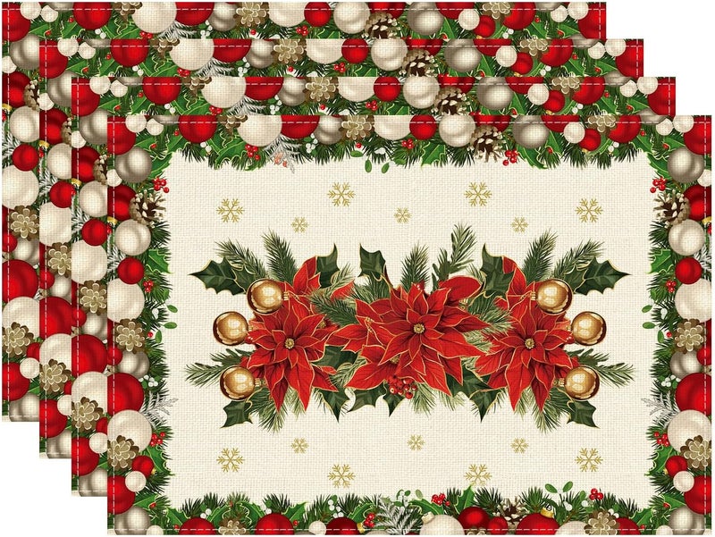XCHI Christmas Poinsettias Leaves Bells Snowflakes Winter Xmas Placemats Set of 4 Table Mats for Party Home Kitchen Dining Table Decorations 12x18 Inch - Image 1